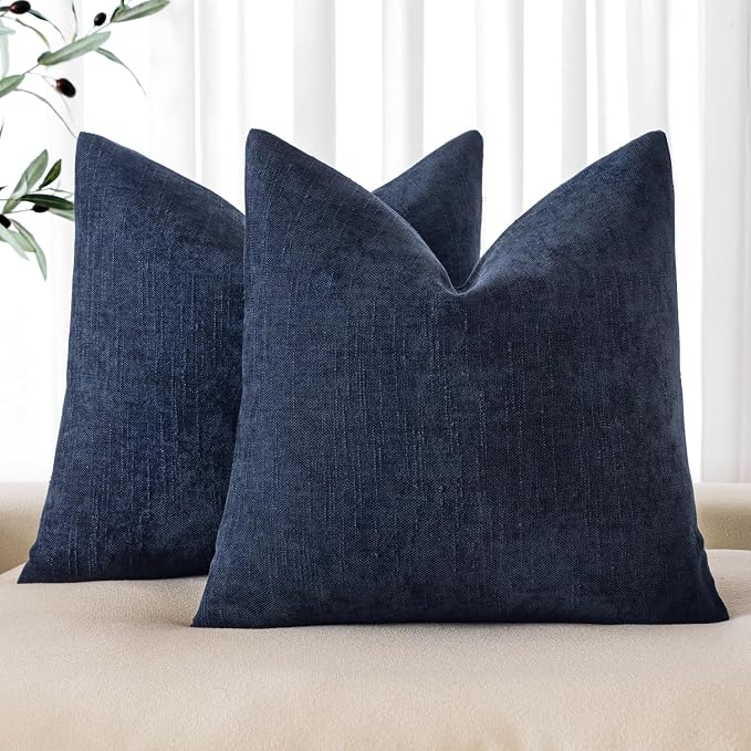 MIULEE Textured Chenille Throw Pillow Covers 18x18 Inch Dark Blue | Pack of 2 Decorative Soft Throw Pillows, Solid Textured Cushion Covers, Modern Home Decor for Couch Sofa Bedroom Living Room