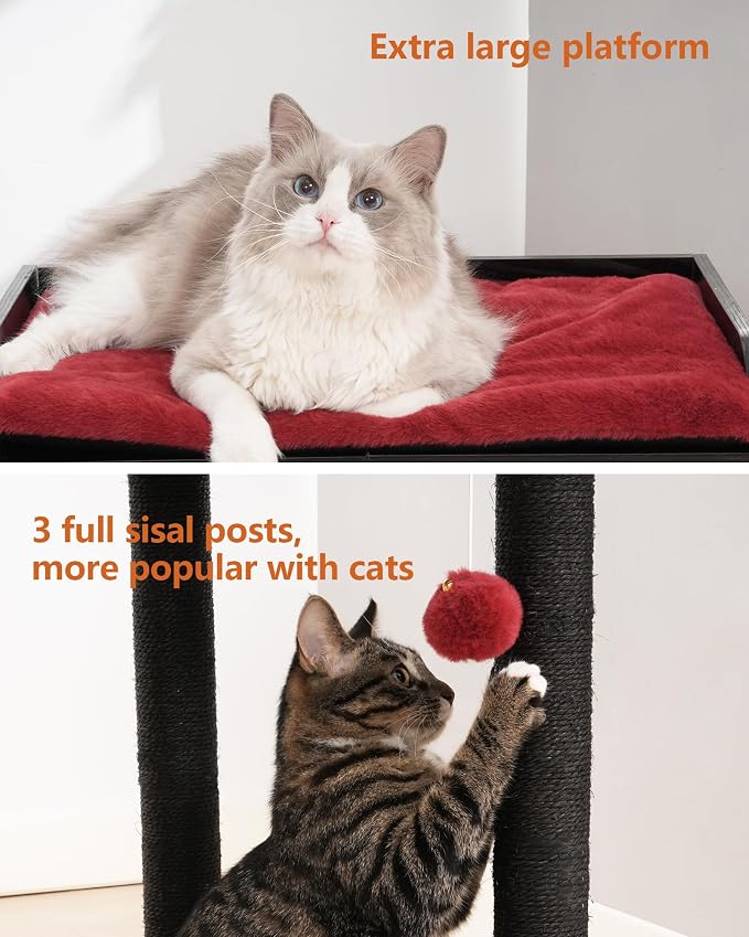 26.7in Large Cat Tree Tower Condo, Cat Scratch Posts for Indoor Cats, Big Plate, Three 23.6in Full Sisal Scratching Posts, Black&Red