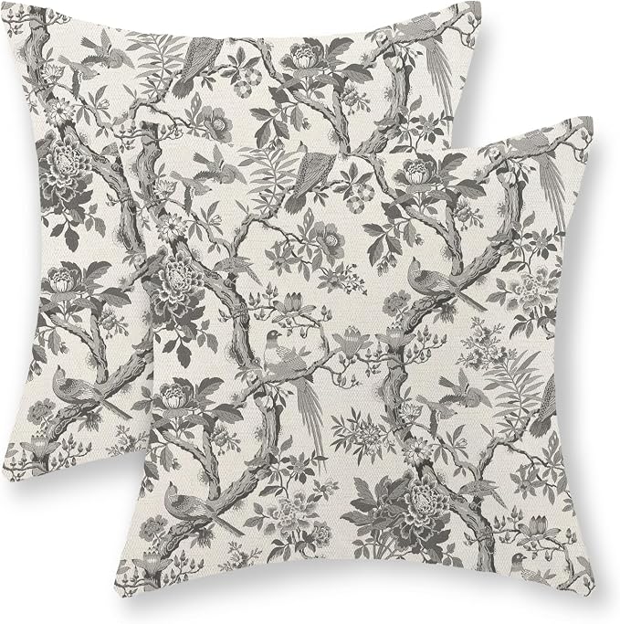 Black Floral Bird Pillow Covers 18x18 Set of 2 Chinoiserie Throw Pillows Black Vintage Flowers Bird Decorative Pillow Cases Outdoor Chinoiserie Decor Farmhouse Cushion Case for Couch Sofa