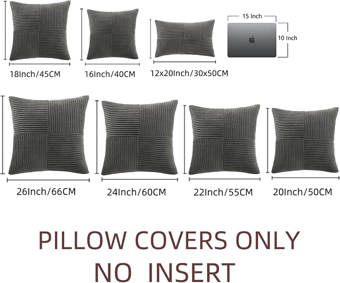 Fancy Homi Dark Gray Big Decorative Throw Pillow Covers 24x24 Inch for Living Room Couch Bed Sofa, Rustic Farmhouse Boho Home Decor, Soft Corss Corduroy Patchwork Accent Square Cushion Case 60x60 cm