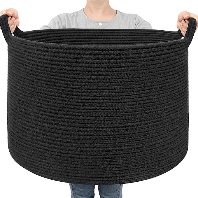 Goodpick Large Woven Basket for Blankets, Nursery & Living Room Decor, 85L | 21.7 x 21.7 x 13.8 In Toy Storage Basket for Nursery, Blanket Basket for Living room, Laundry Basket, Black