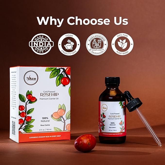 My Ace Rosehip Seed Carrier Oil | 100% Pure Cold Pressed Unrefined Oil for Face & Skin Care, Hair & Body Massage, Anti-Aging & Moisturizing – 4 fl oz