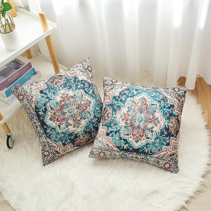 Boho Throw Pillow Covers 18x18 inch Set of 2,Boho Vintage Carpet Pattern Antique Ethnic Decor Double Sided Pattern Cushion Cover Soft Pillow Case Living Sofa Room Bed Square Pillow Cover