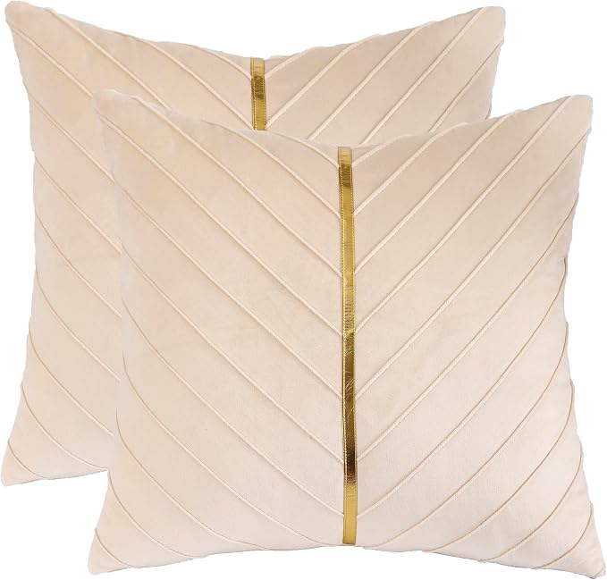 Velvet Throw Pillow Covers 18x18 inch Pack of 2 Gold Decor Cream | Soft Solid Pillow Covers,Modern Luxury Home Decor,for Couch Chair Sofa Bedroom Livingroom,Hidden Zipper,Ideal Gift,Easy Care