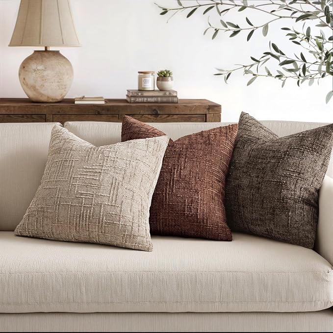 MIULEE Chenille Textured Fall Throw Pillow Covers Brown 18x18 Set of 2 | Slubby Decorative Pillows, Boho Farmhouse Rustic Home Decor, Modern Neutral Cushion Covers for Couch Sofa Bed Living Room