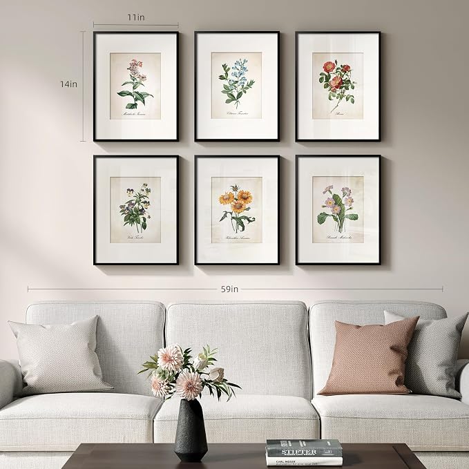 Framed Botanical Floral Wall Art, Set of 6 Vintage Wildflower Prints with Mat, Rustic Farmhouse Nature Flowers Artwork for Bedroom Living Room Hallway Dining Room Modern Neutral Home Decor, 11x14 In