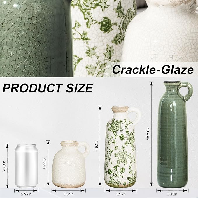 Ceramic Vase Set, 3Pcs Flower Vases for Modern Boho Farmhouse Decor, Decorative Vases for Pampas Grass & Dried Flowers, Distressed Finish
