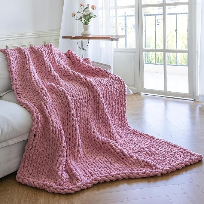 Chunky Knit Blanket - Luxury Soft Cozy 40 * 50 Throw Blanket,100% Woven Blanket Rope Knot Throw Blanket for Couch, Sofa, Home Decor, Gift - Machine Washable (Pink, 40 * 50)