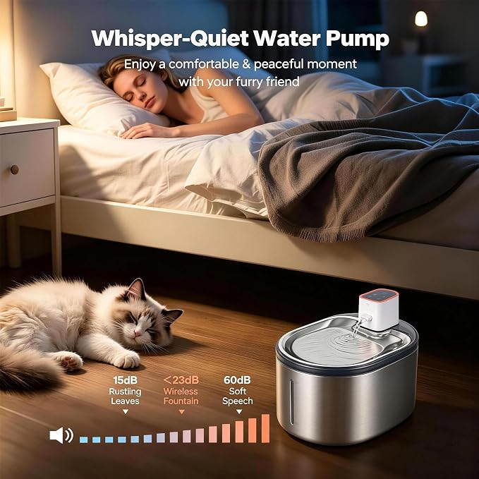 Sharper Image Stainless Steel Cat Water Fountain, Cordless 4L Rechargeable | 2 flow modes, LED alerts, Type-C battery, 10.4x7.8x4.8in, for cats dogs
