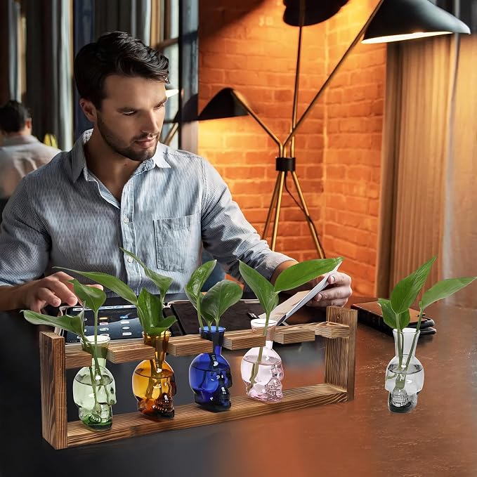 Plant Terrarium Propagation Stations Halloween Skull Planter Vase Skulls | decor With Wooden Stand Gife for Father - 5 Vases