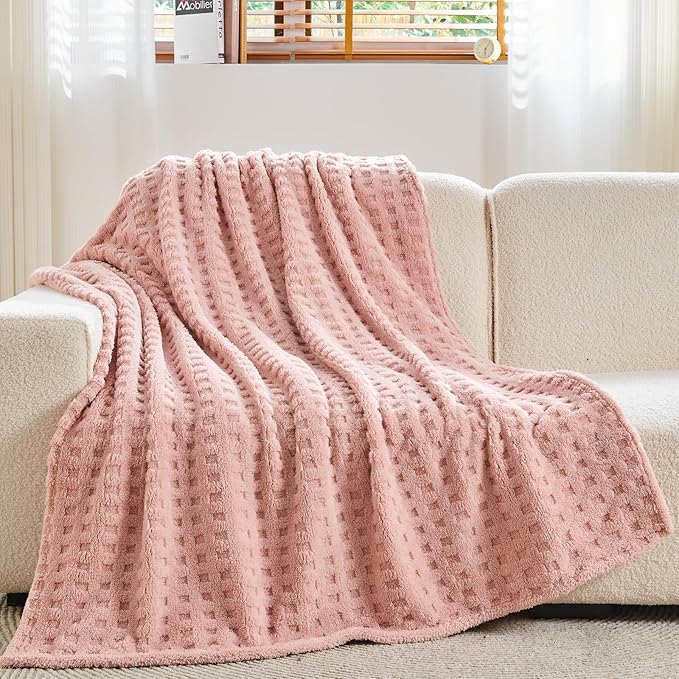 NEWCOSPLAY 3D Waffle Checkered Flannel Twin Blanket, Pink, 60"x80" | Super Soft Cute Lightweight Decorative Premium Silky Fleece Blanket for Couch Sofa Bed, Gift for Women Men, All Season Use