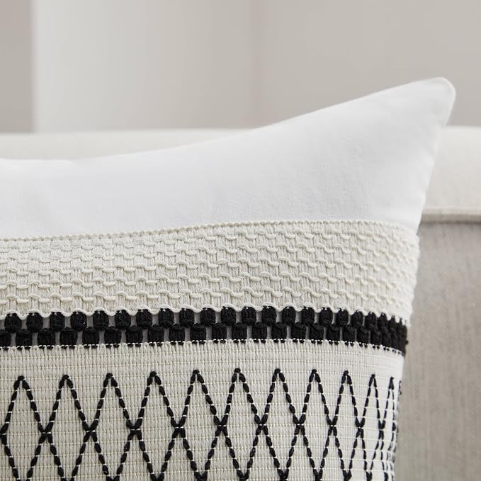 2pk Boho Pillow Covers 16x16, Natural White/Grid/Black | 100% Organic Cotton Body, Stripe Embroidery, Farmhouse Decorative Cushion Covers for Sofa Bed Living Room Home Decor