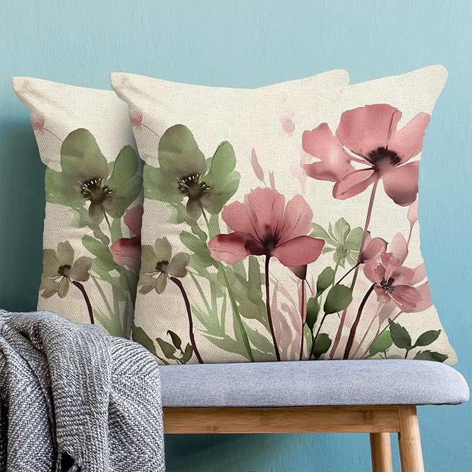 Spring Floral Pillow Covers 20x20 Inches Set of 2 Sage Green Pink Floral Throw Pillow Covers Outdoor Rustic Summer Flower Decoration Pillowcase Farmhouse Decorative Cushion Cover For Couch Sofa