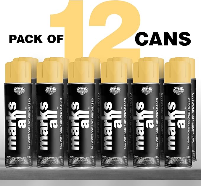 Fox Valley 18oz Marks All Solvent-Based Marking Paint Spray, 12-Pack Yellow APWA – Long-Lasting, Weather-Resistant Spray Paint for Wet or Dry Surfaces Like Metal, Grass, Concrete, Wood, & More