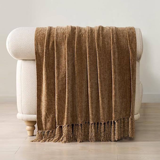 Chenille Knit Throw Blanket for Couch, 60"x80", Warm Beige | Cozy Plush Fuzzy Knittd Throw with Tassels, Lightweight, Decorative, Farmhouse Decor, Ideal for Bed Sofa Gift, All Seasons