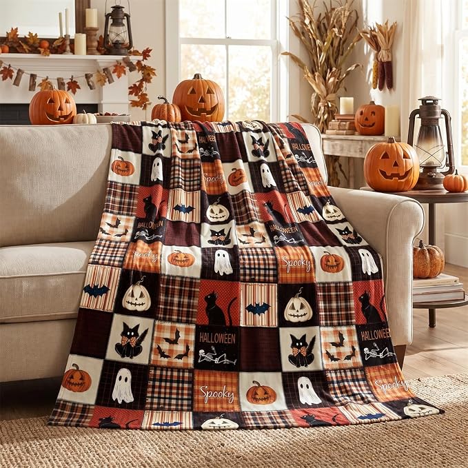 Horaldaily Halloween Grid Pumpkin Cat Bat Ghost Flannel Throw Blanket 40x50 | All Season Using Ultra Soft Fuzzy Plush Cozy Non-shedding Blanket for Couch Sofa Bed Camping, Ideal Gift for Kids Adults