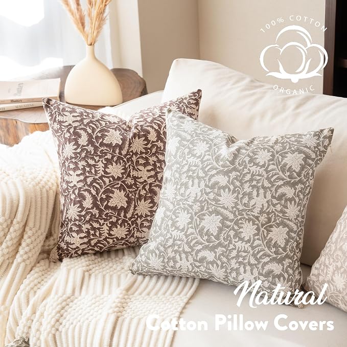 FIOUOVO Floral Throw Pillow Covers 20x20 Farmhouse Block Print Pillow Covers Decorative Pillow Covers Couch Pillows for Living Room Vintage Accent Sofa Pillows Set of 2, Taupe Grey