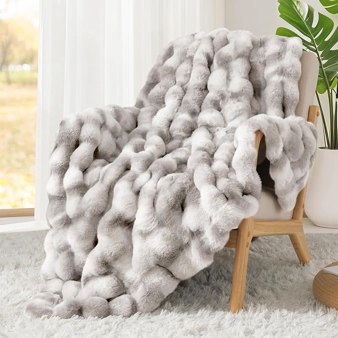 Luxury 1000GSM Faux Rabbit Fur Throw Blanket, Super Heavy Warm Cozy Grey Blankets for Couch Bed Sofa, Ruched Plush Fuzzy Elegant Soft Reversible Mink Blanket for Living Room Bedroom