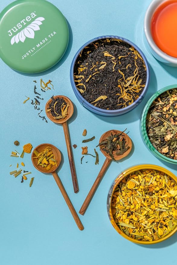 JusTea Assorted Tea Trio | Stacking Tins Variety Pack with Hand Carved Spoon | Loose Leaf Tea | Variable Caffeine | Award-Winning | Fair Trade | Non-GMO