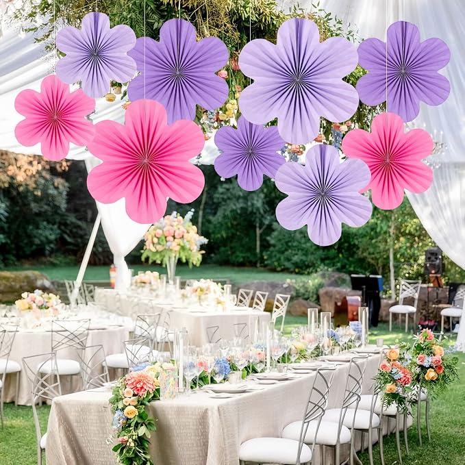 SUNBEAUTY Paper Flowers Decorations for Wall, Purple and Pink for Wall Paper Flower Fan Classroom Decoration Paper Floral Backdrop Decor Paper Fans Decoration Hanging Paper Flower Wall Decor Set of 9