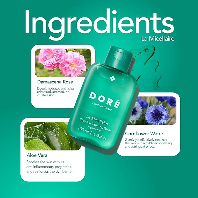 Doré La Micellaire Water Travel Size for Waterproof Makeup, Hydrating Facial Cleanser & Eye Makeup Remover, Suitable for Sensitive Skin, Removes Excess Oil and Dirt (3.4oz)