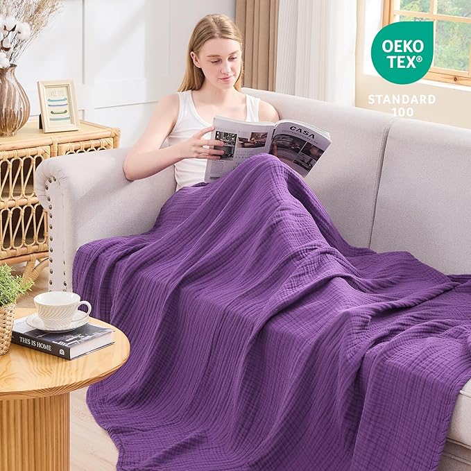EMME Muslin Blankets for Adults Throw Blanket for Couch Breathable Gauze Soft Lightweight Airy Purple King 108" x 90"