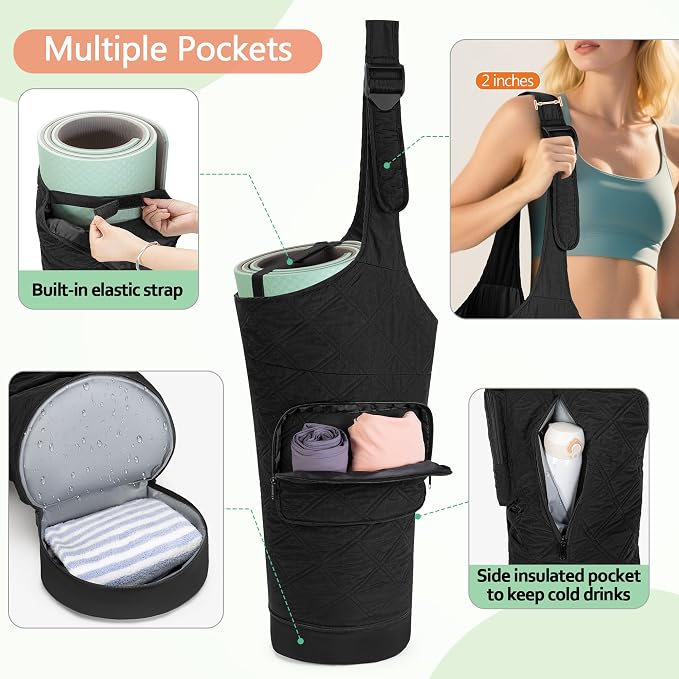 Smasrob Yoga Mat Bag with Wet Pocket, Bottle Pocket and Mat Secure Straps, Yoga Mat Carrier Fits Most Size Mats (Bag Only), Black
