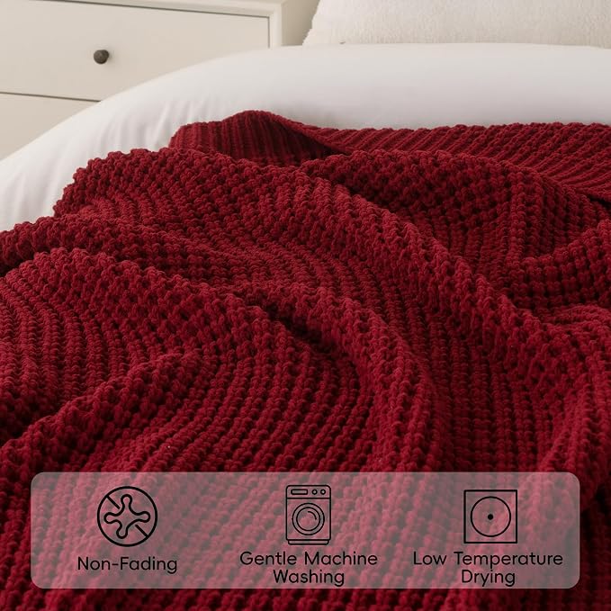 Red Throw Blanket for Couch, Soft Cozy Knit Waffle Throw Blanket 50"x60" | Chunky Chenille Throw Blanket, Decorative Christmas Throw Blanket for Bed Sofa Gifts,Modern Farmhouse Knitted Style