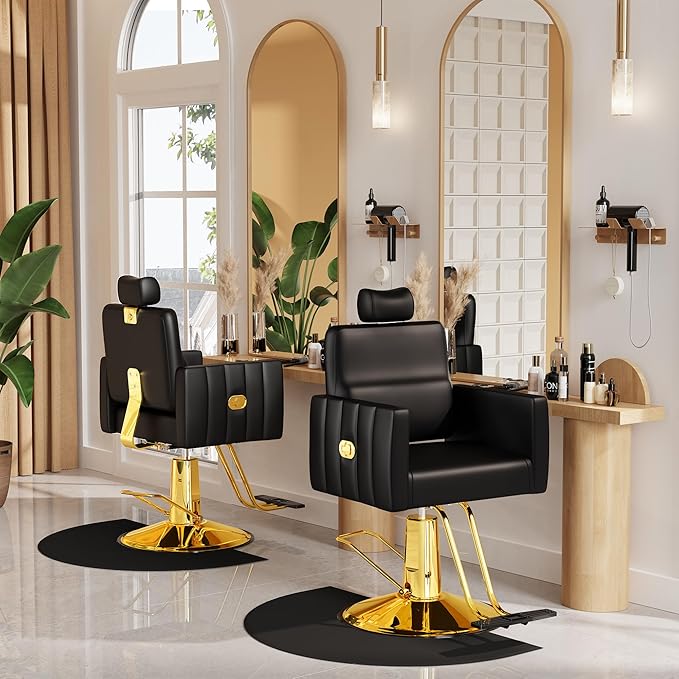 Baasha Reclining Gold Salon Chair with Adjustable Headrest, All-Purpose Hydraulic Styling Chair, Soft PU Leather, Heavy-Duty Steel Frame, 440 lbs Capacity, for Haircut, Braiding & Tattoo