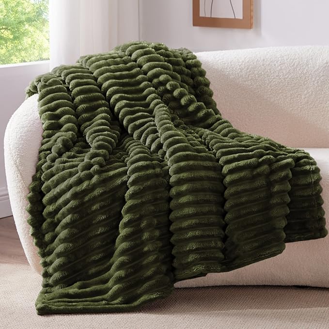 BEDELITE Striped Fleece Throw Blanket, Olive Green, 50"x60" | 300GSM Microfiber Fleece, Soft Cozy, Lightweight Warm, Double-Sided Plush, Machine Washable, Gift, Room Decor, for Couch Sofa