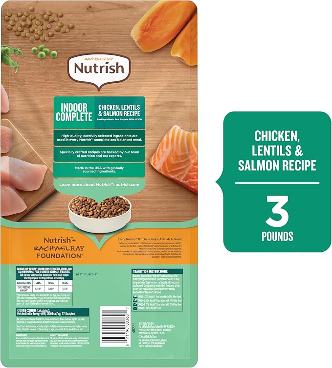 Nutrish Indoor Complete Dry Cat Food, 3 lb. Bag (Rachael Ray) | Chicken, Lentils & Salmon Recipe, Crafted for Adult Indoor Cats, Veterinarian Reviewed Formula