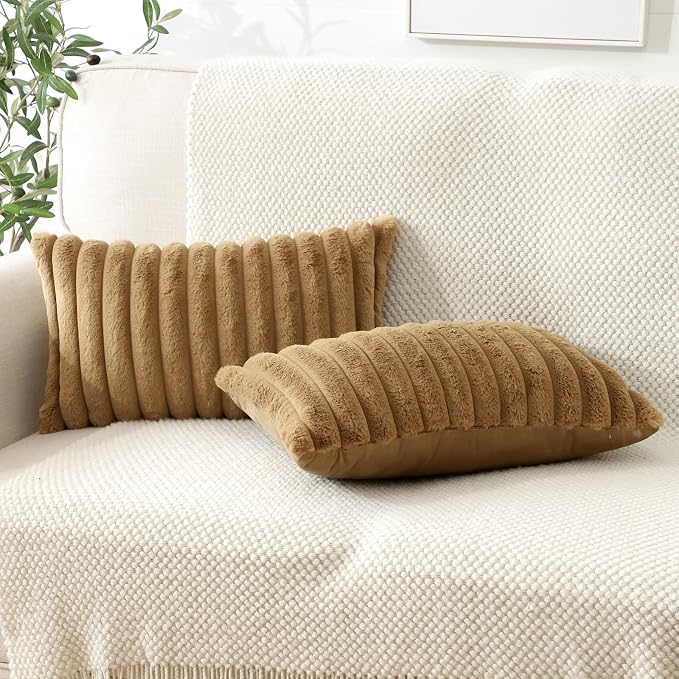 Soleebee Set of 2 Throw Pillow Covers Soft Cozy Velvet Pillowcase Faux Rabbit Fur Cover for Couch Sofa Bed Chair Home Decorative Pillows Cover (12x20 Inch, Light Brown)