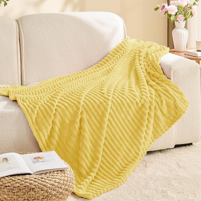 BEDELITE 3D Ribbed Light Yellow Fleece Twin Blanket for Bed, 60x80 Inch | Soft Warm Decorative Fluffy Blanket, Cozy Plush Lightweight Fuzzy Throw Blanket for Couch Sofa Room Decor, Gift for Women
