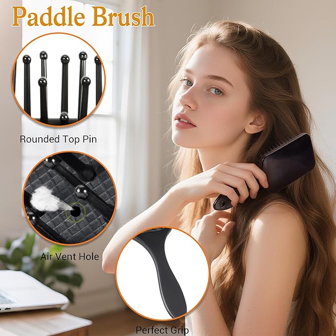 SALONSILK 5PCS Hair Brush Comb Set, Women Men Paddle Styling Hair Brushes Wide Fine Tooth Combs, Rat Tail Parting Barber Professional Set for Detangling, Thick, Natural, Thin, Curly