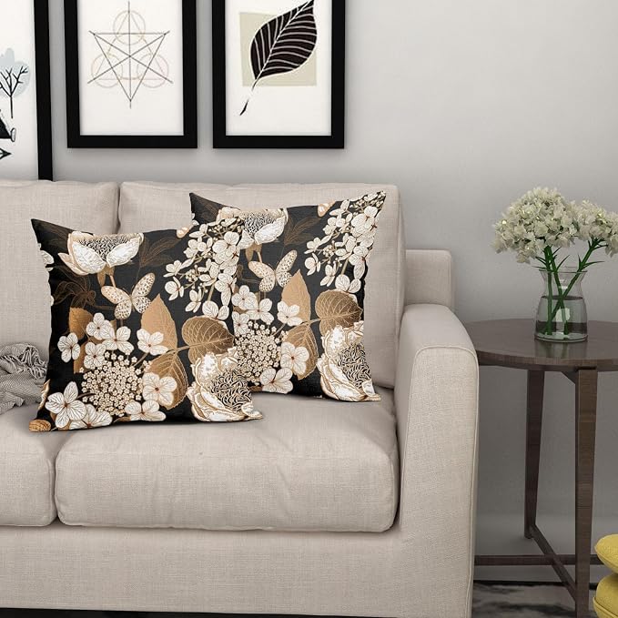 Vintage Floral Pillow Covers 20X20 Inch Set of 2 White Flowers Gold Leaves Botanical Decorative Pillow Cases Rustic Leaf Black Cotton Linen Cushion Case Farmhouse Home Decor for Sofa Couch