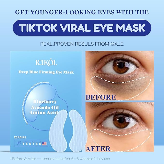 Deep Blue Firming Under Eye Patches for Women - Dark Circle Reduction & Radiance boosting & Skin Resilience Support. Visibly Fades to Clear in 40 Mins, Fully Absorbed in 3Hrs. Blue, 12 Pairs.