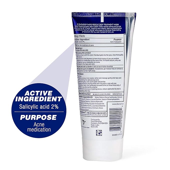 Clearasil Rapid Rescue Deep Treatment Acne FaceWash, Maximum Strength with 2% Salicylic Acid Acne Medication, AcneFacial Cleanser, 6.78 fl oz (Pack of 3)