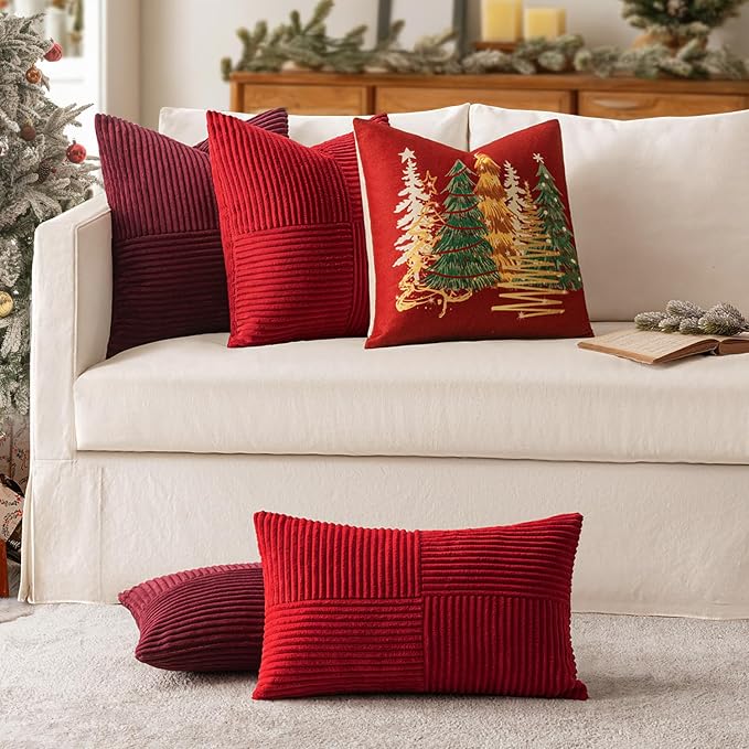 MIULEE Burgundy Decorative Throw Pillow Covers for Couch 20x20 Inch | 2 Pack, Boho Farmhouse Pillow Covers, Soft Cross Corduroy Patchwork Textured Cushion Cases For Bed Sofa