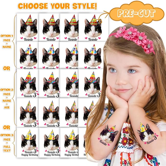 Custom Cat Face Temporary Tattoos - Personalized Pre-Cut Photo Cat Face Tattoos with Birthday Hat and Cat Name or Text - Funny Party Favors for Birthday, Cat Lovers - Set of 20 Unique Gifts
