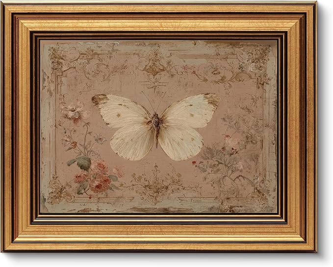 Gold Framed Wall Art, Vintage White Butterfly Canvas Prints, French Country Antique Insect Picture Wall Decor, Neutral Pink Cottagecore Artwork for Living Room Bedroom 9x11 inch