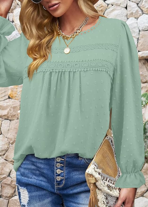 Womens Boho Tops Long Sleeve Shirts For Women Cute Crewneck Blouse Dressy Casual Swiss Dot Crochet Hollow Top 2026