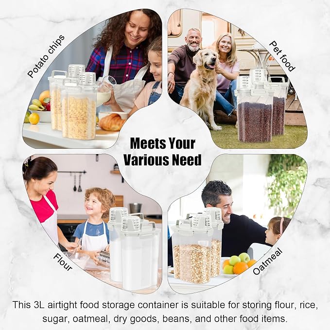 LEAWALK Airtight Rice Storage Container, Cereal Dry Food Flour and Sugar Bin, Dog Cat Food Dispenser with Measuring Cup, BPA Free Clear Plastic Kitchen (White x 2, 3L-2pack)