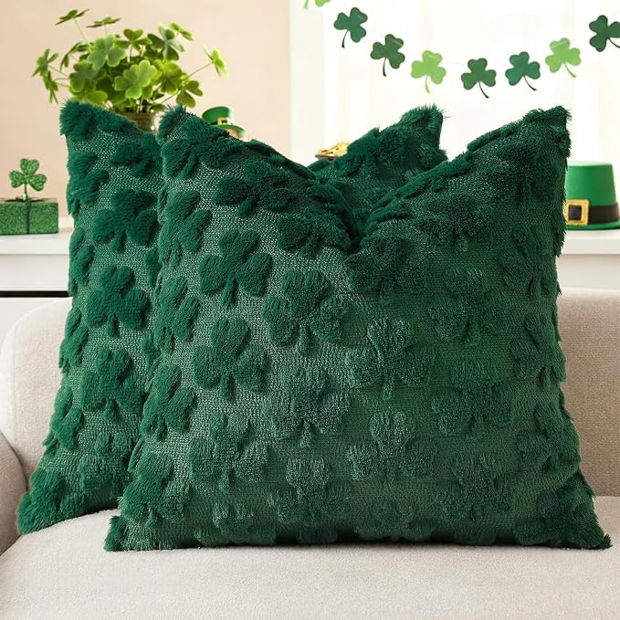 decorUhome Faux Fur Throw Shamrock Green Pillow Covers 18x18 Set of 2 | Plush Soft Wool St. Patrick’s Day Throw Pillow Covers, Accent Modern Farmhouse Pillow Covers Holiday Decor for Sofa Bed