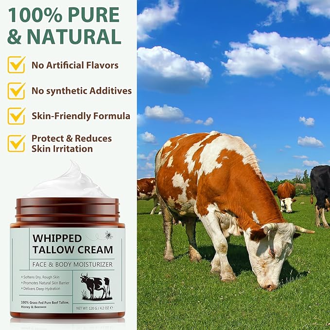 Whipped Beef Tallow for Skin - 100% Grass Fed Pure Beef Tallow with Honey, Natural Moisturizing Cream for Face and Body, Deep Hydration Softens Dry Skin, Nourishing Tallow Cream 4.2 Oz (2 Packs )