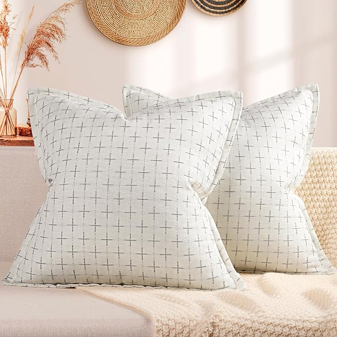 Pillow Covers 16x16 Set of 2 Soft Polyester Textured Pillow Covers with Stylish Flange Edge Cozy Farmhouse Throw Pillows for Couch Bed Sofa Living Room