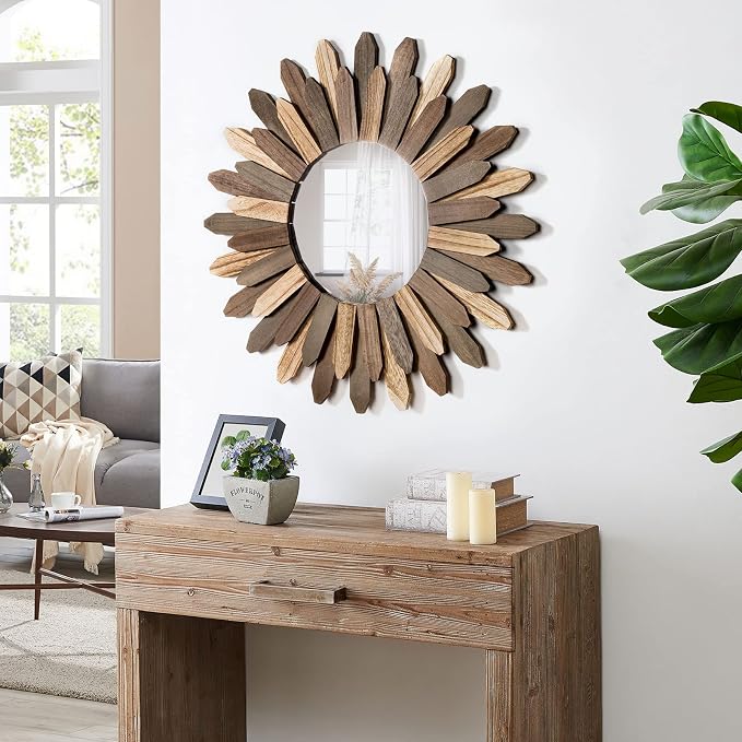 Boho Wall Decor 21 inch Wall Mirror Rustic Wood Decorative Mirror for Room Decor Rustic Home Decor Farmhouse Wall Decor at Living Room Bedroom Bathroom Hallway Trilcolor