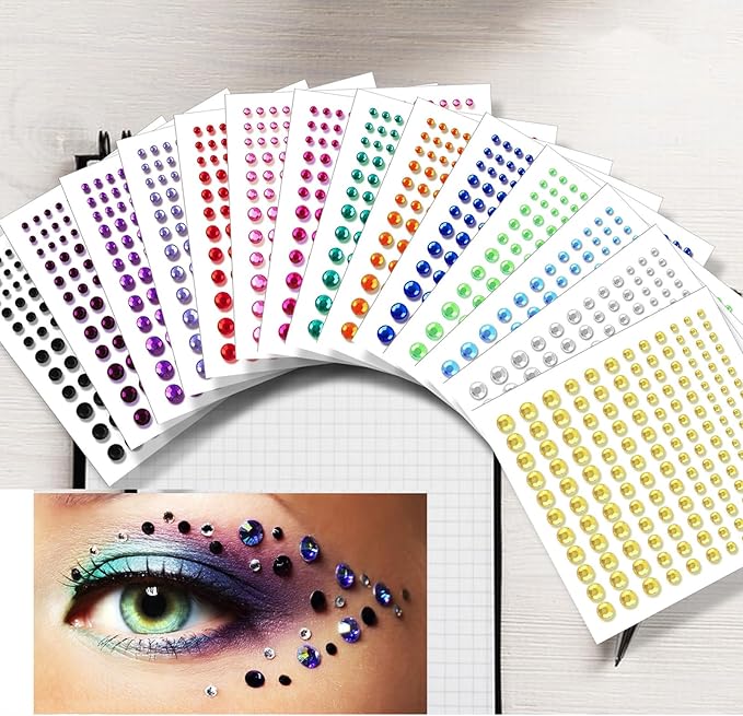 2640Pcs Rhinestone Stickers Self Adhesive Facial Gem Stickers 4 Sizes 16 Colors for DIY Crafts Nail Art Body Makeup Festival Holiday Cards Kids Craft Decorations