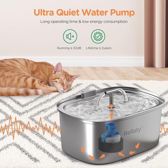 Cat Water Fountain Stainless Steel: Rellaty 3.2L/108oz Pet Water Fountain | Dog Drinking Fountains Cat Feeding & Watering Supplies Animal Metal Kitty Spout for Cats Inside with 4 Replacement Filters