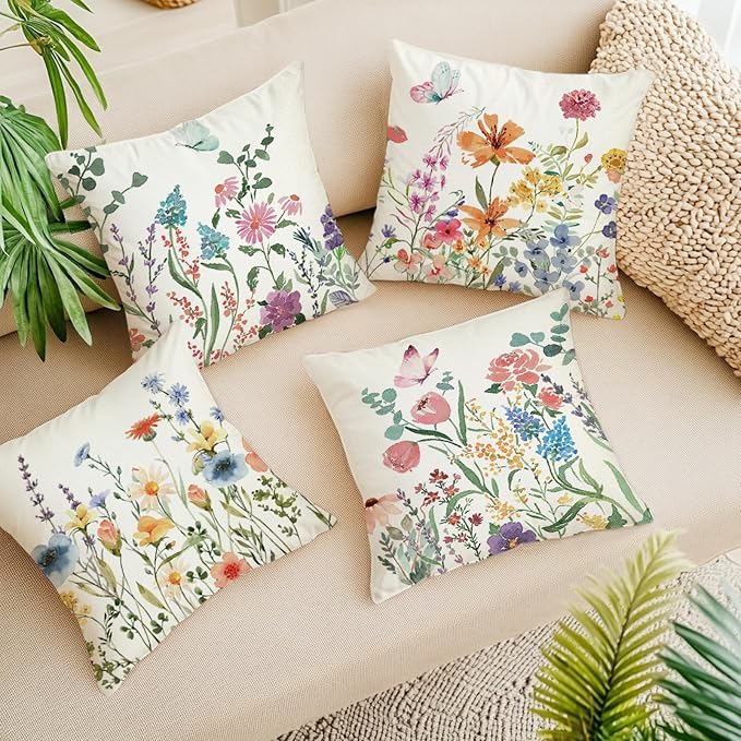 ONFAON Spring Decorations for Home - Spring Pillow Covers 18x18, Outdoor Pillow Covers Springtime Farmhouse Throw Pillow Cover Garden Linen Cushion Case for Home Decor