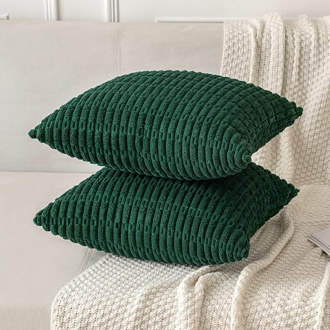 MIULEE Corduroy Decorative Throw Pillow Covers 18x18 Dark Green Pack of 2 | Soft Boho Striped Pillow Covers Modern Farmhouse Home Decor For Sofa Living Room Couch Bed